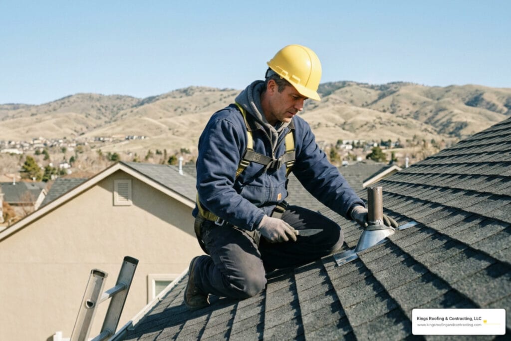 Roofing contractor checking roof components in Boise
