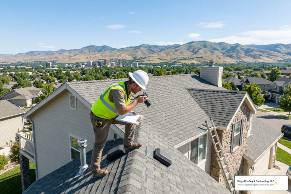Professional contractor conducting a comprehensive roof inspection on a Boise home