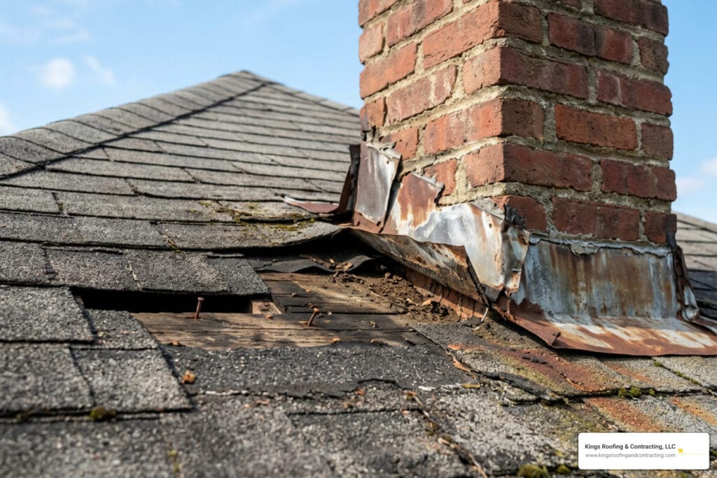 damaged flashing and missing shingles on a residential roof